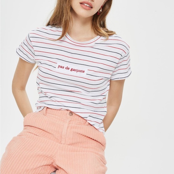 Topshop Red Navy and White Striped Crop Pas De Garçons Baby Tee - Picture 1 of 6
